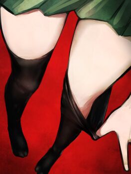1girl black_thighhighs clothes_tug commentary_request disorder! green_skirt highres leg_focus lower_body miniskirt no_shoes original pleated_skirt red_background skirt solo thighhighs zettai_ryouiki