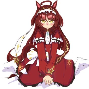 1girl ahoge animal_ears bed blush commentary_request full_body hair_between_eyes hair_ornament hairband highres horse_ears horse_girl horse_tail looking_at_viewer red_desire_(umamusume) red_hair seiza sitting smile solo tail thighhighs umamusume user_zkdj5388 white_background yellow_eyes