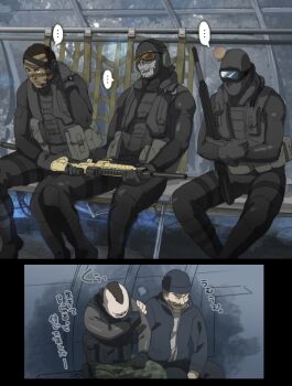 5boys balaclava beard call_of_duty call_of_duty:_modern_warfare_2 captain_price dark_skin facial_hair ghost_(modern_warfare_2) gloves gun head_bump headset injury male_focus military multiple_boys nuiipy rifle roach_(modern_warfare_2) sitting soap_(modern_warfare_2) soap_mactavish translated weapon worm_(modern_warfare_2)