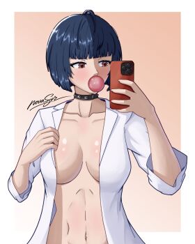 1girl absurdres artist_name black_hair blush breasts chewing_gum choker cleavage collar commentary doctor highres jewelry lab_coat mirror_selfie naked_lab_coat necklace novasvr persona persona_5 persona_5_the_royal selfie short_hair simple_background spiked_choker spikes stomach studded_choker studded_collar takemi_tae