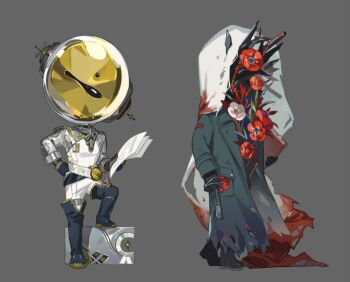 Rule 34 | 2boys, black boots, black gloves, blue coat, boots, charon (reverse:1999), chibi, coat, commentary request, dog tags, ferrofluid, fishbowl helmet, flower, full body, gloves, holding, holding dog tags, holding notebook, holding paper, jumpsuit, korean commentary, male focus, multiple boys, notebook, object head, paper, pelly.k, poppy (flower), red flower, reverse:1999, standing, stepped on, suitcase, thigh boots, ulrich (reverse:1999), veil, white jumpsuit, white veil