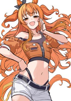 1girl absurdres alternate_costume animal_ears blush bow breasts brown_ribbon commentary_request ear_bow ear_ribbon hair_between_eyes highres horse_ears horse_girl horse_tail iam_(tetsu0ekaki) jacket long_hair looking_at_viewer mayano_top_gun_(umamusume) navel open_mouth orange_eyes orange_hair orange_tail ribbon shirt shorts simple_background smile solo tail two_side_up umamusume white_background white_shorts