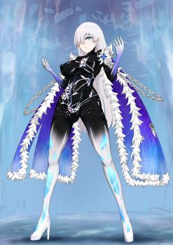 ana_schariac ana_schariac_(cosplay) ana_schariac_(herrscher_of_ice) anastasia_(fate) bodysuit cape chain commentary_request commission cosplay covered_erect_nipples fate/grand_order fate_(series) fur-trimmed_cape fur_trim gradient_clothes hair_over_one_eye high_heels highres honkai_(series) honkai_impact_3rd hydrangia impossible_bodysuit impossible_clothes latex latex_bodysuit o-ring o-ring_thigh_strap pixiv_commission thigh_strap white_hair