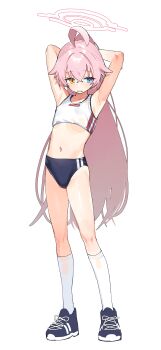 1girl absurdres ahoge alternate_costume armpits arms_behind_head blue_archive blue_eyes blue_shoes bongnom buruma commentary_request crop_top crossed_bangs full_body gym_uniform hair_between_eyes halo heterochromia high_ponytail highres hoshino_(blue_archive) huge_ahoge long_hair orange_eyes pink_hair pink_halo ponytail shoes simple_background socks solo standing sweat tank_top very_long_hair white_background white_socks white_tank_top