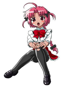 Rule 34 | 1girl, ahoge, bandabekken, bandaid, bandaid on knee, bandaid on leg, black bow, black pantyhose, black shoes, bow, bowtie, braid, bronze parrot, fang, frilled shirt, frills, full body, hair bow, hands on own knee, knees up, loafers, nakahara komugi, nurse witch komugi-chan, open mouth, pain, pantyhose, pink eyes, pink hair, red bow, red bowtie, red skirt, shirt, shoes, simple background, single braid, sitting, skirt, solo, torn clothes, torn pantyhose, two side up, waitress, white background, white shirt