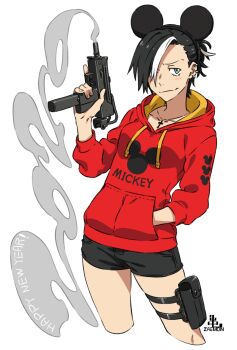 Rule 34 | 1girl, animal ears, artist name, black hair, commentary request, cross, cross necklace, disney, fake animal ears, gun, hand in pocket, happy new year, highres, holding, holding gun, holding weapon, iwado anna, jewelry, kamezaemon, mickey mouse (symbol), mickey mouse ears, multicolored hair, necklace, new year, original, smoke, smoke trail, solo, streaked hair, weapon