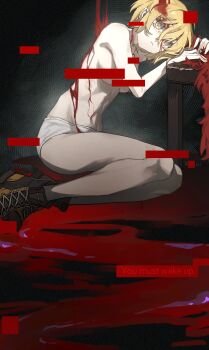 1girl against_table bar_censor blank_stare blonde_hair blood blood_drip blood_in_hair blood_on_body blood_on_face boots breasts censored convenient_censoring crown_of_thorns distortion don_quixote_(project_moon) double-parted_bangs english_text feather_boa full_body hair_between_eyes highres holding holding_unworn_clothes holding_unworn_scarf kiscript legs_together light_frown limbus_company looking_at_viewer no_pants no_shirt on_floor panties pool_of_blood project_moon scarf short_hair sitting skinny solo stomach table underwear unworn_scarf white_panties yellow_eyes