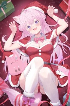 1girl animal_ears breasts cleavage commentary_request dress fang fur-trimmed_dress fur-trimmed_headwear fur_trim hakui_koyori hat highres hololive kei_(keiillustrator) large_breasts long_hair looking_at_viewer lying on_back open_mouth pink_hair purple_eyes red_dress santa_costume santa_dress santa_hat skin_fang solo tail thighhighs very_long_hair virtual_youtuber white_thighhighs wolf_ears wolf_girl wolf_tail