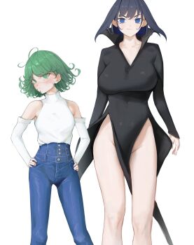 1girl absurdres alternate_costume black_dress blue_eyes blue_hair blue_pants breasts closed_mouth cosplay costume_switch curly_hair denim dress green_eyes green_hair hair_intakes high-waist_pants highres hololive hololive_english jeans large_breasts long_sleeves looking_at_viewer multiple_girls no_panties official_alternate_costume one-punch_man ouro_kronii ouro_kronii_(casual) ouro_kronii_(cosplay) pants pear-shaped_figure petite shirt short_hair side_slit simple_background small_breasts smile solo spicyyrum sweater sweater_tucked_in tatsumaki tatsumaki_(cosplay) thighs turtleneck virtual_youtuber white_background white_shirt white_sweater