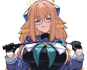 1girl ahoge aqua_neckerchief black_gloves black_leotard blue_archive blue_eyes breasts fang feather_hair film_grain glasses gloves halo highres holding holding_riding_crop holding_wand leotard licking_lips looking_at_viewer neckerchief official_alternate_costume orange_hair reia_76 riding_crop sailor_collar shimiko_(blue_archive) shimiko_(magical)_(blue_archive) simple_background solo tongue tongue_out wand white_background yellow_halo