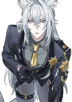 Rule 34 | 1boy, absurdres, animal ear fluff, animal ears, black gloves, black jacket, cat boy, cat ears, cat tail, commentary request, crossed bangs, gloves, grey pants, grey shirt, hair between eyes, highres, jacket, leaning forward, looking at viewer, male focus, necktie, open mouth, pants, police, police badge, police uniform, policeman, severian lowell, shirt, simple background, solo, tail, vela puri, white background, yellow eyes, yellow necktie, zenless zone zero