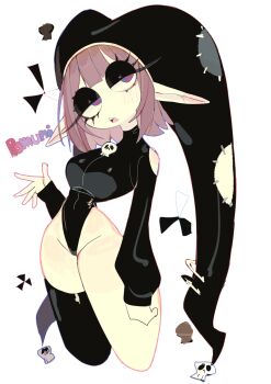 1girl asymmetrical_eyelashes black_eyeshadow black_hat black_leotard black_thighhighs blunt_bangs breasts clothing_cutout eyelashes eyeshadow goth_fashion hat heattech_leotard highleg highleg_leotard highres large_breasts leotard long_pointy_ears long_sleeves makeup narrowed_eyes open_mouth pink_hair pointy_ears pomni_(the_amazing_digital_circus) short_hair shoulder_cutout sidelocks simple_background single_thighhigh skull solo symbol-shaped_pupils teeth the_amazing_digital_circus thighhighs thighs turtleneck upper_teeth_only usa37107692 white_background