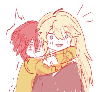 Rule 34 | 2boys, :d, blonde hair, blue eyes, brown shirt, epic battle fantasy, fang, highres, hug, lance (epic battle fantasy), long hair, male focus, matt (epic battle fantasy), multiple boys, open mouth, red hair, scared, shirt, short hair, simple background, sketch, smile, undo 1303, upper body, white background, yellow shirt