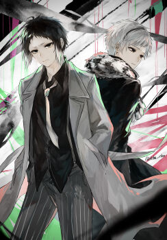 2boys absurdres akutagawa_ryuunosuke_(bungou_stray_dogs) back-to-back black_coat black_eyes black_hair black_shirt black_streaks bungou_stray_dogs closed_mouth coat collared_shirt colored_tips commentary_request fur-trimmed_coat fur_trim grey_coat grey_pants hands_in_pockets hiba_riko highres looking_at_viewer male_focus multicolored_hair multiple_boys nakajima_atsushi_(bungou_stray_dogs) necktie pants shirt short_hair twitter_username two-tone_hair white_hair white_necktie