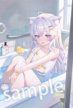 Rule 34 | 1girl, absurdres, ahoge, animal ears, bare shoulders, bath, bow, breasts, bubble, cat ears, cat girl, cat tail, clothing cutout, collarbone, commentary request, crossed bangs, embarrassed, hair between eyes, hair bow, hair intakes, hair ornament, hairclip, heart, heart ahoge, highres, in bathtub, in water, knees up, medium breasts, one-piece swimsuit, open mouth, original, pointy ears, polecat (pixiv 31682054), purple eyes, ribbon, rubber duck, sample watermark, sidelocks, sitting, soap bubbles, solo, stomach cutout, swimsuit, tail, tail ornament, tail ribbon, underboob, watermark, wet, white one-piece swimsuit, white ribbon, window, wrist ribbon, yellow bow