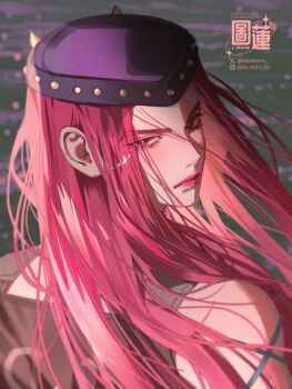 Rule 34 | 1boy, expressionless, from behind, hat, highres, instagram username, jojo no kimyou na bouken, karssama, lipstick, long hair, looking back, makeup, male focus, narciso anasui, pink eyes, pink hair, pink lips, portrait, shirt, sleeveless, sleeveless shirt, solo, stone ocean, twitter username, watermark