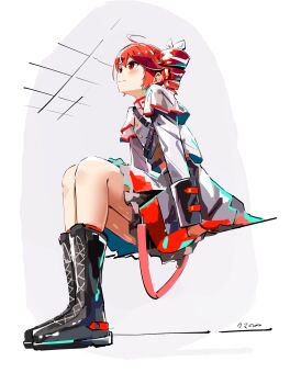 Rule 34 | absurdres, ahoge, ankle socks, belt, black belt, black boots, black skirt, blush, boots, bow, buttons, double-breasted, drill hair, from side, grey jacket, grey skirt, hair between eyes, hair bow, hair ribbon, highres, indoors, jacket, kasane teto, kasane teto (sv), lace-up boots, layered skirt, layered sleeves, midriff peek, mp777b, red eyes, red skirt, red socks, red trim, ribbon, shoulder belt, side drill, simple background, sitting, skirt, skirt set, smile, socks, synthesizer v, utau, white bow, white ribbon