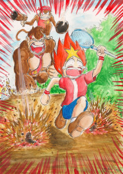 Rule 34 | 3boys, 3girls, absurdres, anger vein, angry, blonde hair, candy kong, clenched teeth, crossover, diddy kong, dixie kong, donkey kong, donkey kong (series), gun, heart, highres, kakeru (saru getchu), multiple boys, multiple girls, necktie, nintendo, open mouth, pointy hair, red hair, running, saru getchu, scared, screaming, sony, tears, teeth, tiny kong, traditional media, twintails, weapon