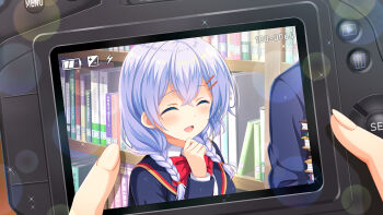 1oy 2girls :d aqua_eyes black_socks blazer blue_jacket bookcase bow braid camera closed_eyes front_braid girlfriend_(kari) hair_ornament hair_over_shoulder hairclip indoors jacket kneehighs library long_hair long_sleeves looking_at_viewer multiple_girls murakami_fumio official_art open_mouth plaid_clothes plaid_skirt pleated_skirt qp:flapper red_bow red_skirt school school_uniform shirt shoes skirt smile socks standing tagme twin_braids white_shirt