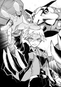 1boy absurdres clenched_hand collared_shirt gen_3_pokemon greyscale highres jacket jewelry long_sleeves looking_at_viewer male_focus mega_metagross mega_pokemon metagross monochrome nintendo open_clothes open_jacket outstretched_arm pants pokemon pokemon_(creature) pokemon_oras ring shirt short_hair smile steven_stone vest yochi_(kohammt)