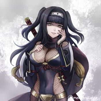 1girl black_hair blunt_bangs bodystocking breasts fire_emblem fire_emblem_awakening fire_emblem_heroes fishnet_bodystocking fishnets forehead_protector highres large_breasts long_hair looking_at_viewer ninja nintendo official_alternate_costume parted_lips solo tharja_(fire_emblem) tharja_(ninja)_(fire_emblem) twintails twitter_username upper_body zombie_moogle