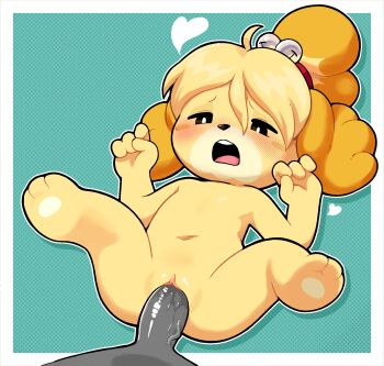 1girl animal_crossing blush buck_teeth completely_nude flat_chest furry furry_female gaturo hair_ornament half-closed_eyes heart highres isabelle_(animal_crossing) loli nintendo no_nipples nude open_mouth penis pussy sex spread_legs teeth vaginal white_background