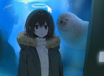 1girl 4_ge :o animal aquarium black_coat black_eyes black_hair coat collared_shirt commentary computer_mouse frilled_shirt frills fur-trimmed_coat fur_trim halo indoors long_sleeves looking_at_viewer medium_hair mole mole_under_eye open_clothes open_coat open_mouth original seal_(animal) shirt signature solo standing symbol-only_commentary traditional_halo upper_body white_halo white_shirt