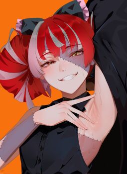 1girl aou13093 arm_up armpit_focus armpits bare_shoulders black_jacket black_shirt blush bow colored_skin commentary commission corrupted_twitter_file dated double_bun english_commentary flat_chest grey_hair grey_skin grin hair_bow hair_bun heterochromia highres hololive hololive_indonesia jacket kureiji_ollie long_hair looking_at_viewer multicolored_hair multicolored_skin orange_background patchwork_skin presenting_armpit red_eyes red_hair second-party_source shirt signature simple_background sleeveless sleeveless_shirt smile solo spread_armpit stitched_arm stitched_face stitched_torso stitches sweat symbol-shaped_pupils two-tone_skin upper_body virtual_youtuber x-shaped_pupils yellow_eyes zombie
