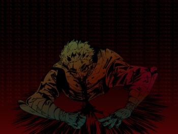 1boy blood blood_from_mouth borialover english_text gauntlets highres itadori_yuuji jujutsu_kaisen russian_text scar scar_on_face short_hair solo