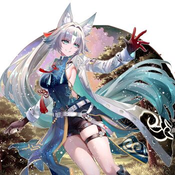 1girl animal_ear_fluff animal_ear_piercing animal_ears black_gloves breasts commentary_request feixiao_(honkai:_star_rail) forehead_jewel fox_ears fox_girl gloves green_eyes grey_hair honkai:_star_rail honkai_(series) long_hair looking_at_viewer miyashirokiyu parted_bangs revision shirt sideboob smile solo very_long_hair white_hair