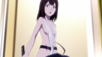 arm_at_side big_order breasts brown_hair collar collar_jewel cowboy_shot expressionless flat_chest green_eyes groin holding holding_sword holding_weapon hoshimiya_sena jewelry long_hair looking_at_another looking_down naked_robe necklace no_panties non-web_source official_art open_clothes open_mouth pendant_collar revealing_clothes robe sideboob standing straight_hair sword weapon white_robe