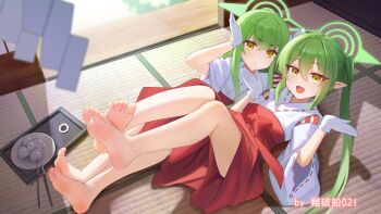 Rule 34 | 2girls, alternate costume, bare legs, barefoot, blue archive, blush, chopsticks, closed mouth, eyelashes, fang, feet, food, gloves, green hair, hair between eyes, hakama, hakama skirt, hands up, highres, hikari (blue archive), indoors, japanese clothes, legs, legs together, legs up, long hair, looking at viewer, lying, miko, multiple girls, nozomi (blue archive), obi, on back, open mouth, plate, pointy ears, red hakama, red sash, sash, shouji, siblings, sidelocks, sisters, skin fang, skirt, sliding doors, soles, taichi suzuki, tatami, toe scrunch, toes, twintails, variant set, very long hair, white gloves, wide sleeves, yellow eyes