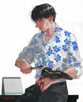 2boys black_eyes black_hair black_pants black_shoes black_socks blood blood_on_hands blood_on_leg bloody_weapon calendar_(object) chain chain_necklace cigarette ctkcave cutting dress_shoes facial_hair floral_print_shirt goatee holding holding_another&#039;s_leg holding_knife holding_weapon jewelry knife looking_to_the_side male_focus mature_male messy_hair multiple_boys mustache necklace original pants shirt shoes short_hair simple_background smoking socks solo_focus table watch weapon white_background white_shirt wristwatch