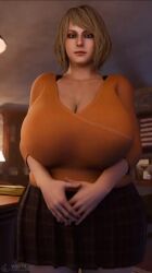 1girl 3d animated ashley_graham black_bra blonde_hair bouncing_breasts bra bra_lift breasts breasts_out capcom clothes_lift curvy eyeliner female_focus huge_breasts indoors looking_at_viewer makeup nipples orange_shirt resident_evil resident_evil_4 shirt shirt_lift short_hair skirt solo sound standing tagme underwear video vreya3d