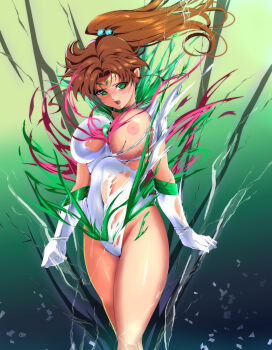 bishoujo_senshi_sailor_moon bow breasts brooch cameltoe circlet earrings elbow_gloves flower_earrings gem gloves green_eyes green_gemstone green_sailor_collar hair_bobbles hair_ornament highleg highres jewelry kino_makoto large_breasts leotard looking_at_viewer navel nipples parted_bangs pink_bow ponytail ri~hu sailor_collar sailor_jupiter tearing_clothes thighs torn_clothes white_gloves white_leotard