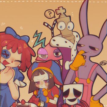 2boys 4girls :d :t ? annoyed artist_name asymmetrical_gloves blue_bodysuit blue_eyes blue_gloves blue_headwear blunt_bangs blush bob_cut bodysuit bow brown_background brown_hair button_eyes buttons cake candle chacodoodle_xx chess_piece closed_eyes crying dress embarrassed everyone finger_in_own_mouth flying_sweatdrops food fruit fur-trimmed_robe fur_trim gangle_(the_amazing_digital_circus) gen_1_pokemon gloves hair_bow highres holding holding_food jax_(the_amazing_digital_circus) king_(chess) kinger_(the_amazing_digital_circus) looking_at_another mask medium_hair mismatched_gloves multicolored_bodysuit multicolored_eyes multicolored_headwear multiple_boys multiple_girls narrowed_eyes nintendo nose_blush notice_lines open_mouth orange_gloves overalls own_hands_together pale_skin patchwork_clothes pokemon pomni_(the_amazing_digital_circus) pout puffy_short_sleeves puffy_sleeves purple_bow purple_dress purple_robe rabbit_boy ragatha_(the_amazing_digital_circus) red_bodysuit red_eyes red_gloves red_hair red_headwear red_overalls ringlets robe short_hair short_sleeves signature smile speech_bubble spoken_question_mark strawberry strawberry_shortcake striped_clothes striped_headwear tears the_amazing_digital_circus two-tone_eyes upper_body v-shaped_eyebrows vertical-striped_bodysuit vertical-striped_clothes vertical-striped_headwear w_arms yellow_bodysuit yellow_headwear zooble_(the_amazing_digital_circus)