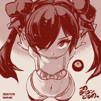1girl arm_support backbeako_(torotei) backbeard blush bow bow_bra bra breasts commentary cowboy_shot dated dated_commentary from_above gegege_no_kitarou hair_over_one_eye hair_ribbon kono_lolicon_domome loli long_hair looking_at_viewer looking_up monochrome one_eye_closed original paid_reward_available panties parted_lips pear-shaped_figure pointy_ears red_background ribbon ringed_eyes simple_background small_breasts smile solo thighhighs torotei twintails underwear underwear_only very_long_hair watermark web_address