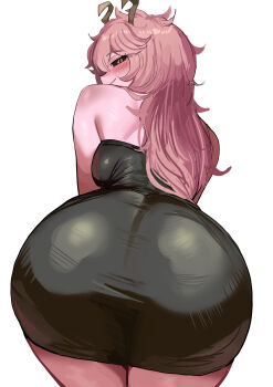 1girl absurdres ashido_mina ass ass_focus bare_shoulders black_dress black_sclera blush boku_no_hero_academia breasts colored_sclera commentary cowboy_shot dress english_commentary half-closed_eyes highres horns large_breasts leaning_forward long_hair looking_at_viewer looking_back pink_hair simple_background smile solo thighs white_background yellow_eyes zd_(pixiv6210083)