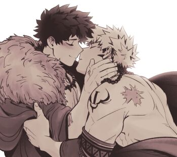 Rule 34 | 2boys, 5mll3, bakugou katsuki, bead necklace, beads, blush, boku no hero academia, cape, closed eyes, freckles, fur-trimmed cape, fur trim, hand on another's face, imminent kiss, jewelry, male focus, midoriya izuku, multiple boys, necklace, official alternate costume, scar, scar on back, short hair, shoulder tattoo, simple background, smile, spiked hair, tattoo, topless male, upper body, white background, yaoi