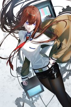 1girl arm_belt belt black_pantyhose black_shorts breast_pocket breasts brown_hair brown_jacket collared_shirt hair_between_eyes hair_over_shoulder highres jacket jacket_partially_removed leather_belt long_hair makise_kurisu necktie pantyhose pocket purple_eyes purple_trim red_necktie science_adventure shirase_rin shirt shorts small_breasts solo steins;gate white_belt white_shirt