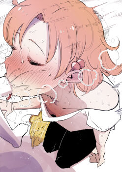 1boy 1girl black_pants blush closed_eyes dress ear_blush eyelashes fellatio foreshortening hair_bobbles hair_ornament hetero highres idolmaster idolmaster_million_live! kneeling nijie79023 oral orange_hair pants shirt short_hair short_sleeves solo_focus tongue tongue_out unworn_dress white_shirt yabuki_kana