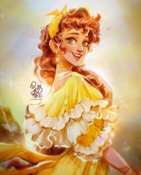 1girl brown_hair colombian_clothes commentary curly_hair dress earrings encanto english_commentary from_side happy highres jewelry long_hair looking_at_viewer low_ponytail open_mouth pepa_madrigal ponytail roytheart smile solo yellow_dress