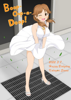 1girl bare_legs bare_shoulders betty_boop blush breasts brown_eyes brown_hair cleavage cosplay dress dress_tug earrings english_text falling_leaves grate hair_bobbles hair_ornament heart heart_necklace high_heel_sandals highres idolmaster idolmaster_cinderella_girls jewelry katagiri_sanae large_breasts leaf light_blush looking_at_viewer low_twintails marilyn_monroe marilyn_monroe_(cosplay) necklace one_eye_closed open_mouth road sandals scene_reference short_twintails smile solo standing street the_seven-year_itch twintails vent_(object) waikaze white_dress white_sandals wind wind_lift