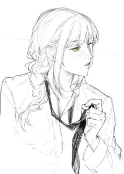 1girl chainsaw_man collared_shirt greyscale highres keibleh makima_(chainsaw_man) monochrome necktie shirt solo spot_color yellow_eyes