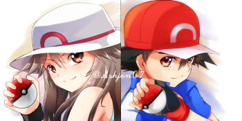 1boy 1girl ash_ketchum ashujou black_gloves blue_jacket brown_eyes brown_hair closed_mouth gloves hair_between_eyes hat holding holding_poke_ball jacket leaf_(pokemon) long_hair looking_at_viewer nintendo poke_ball poke_ball_(basic) pokemon pokemon_(anime) pokemon_frlg pokemon_xy_(anime) portrait red_headwear short_sleeves single_glove sleeveless smile split_screen white_headwear