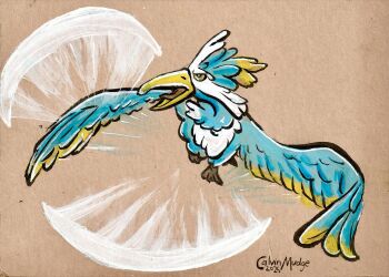 beak bird blue_feathers brown_background calvin_mudge cramorant feathers full_body gen_8_pokemon highres nintendo no_humans pokemon pokemon_(creature) signature solo