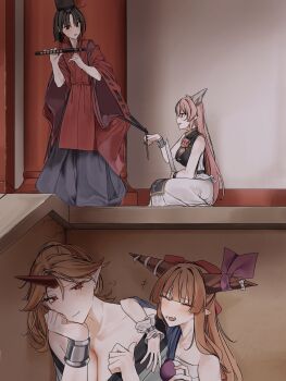 Rule 34 | 4girls, ^ ^, absurdres, bare shoulders, black tabard, blonde hair, breasts, brown hair, cleavage, closed eyes, collarbone, dededon (2suy aas), hat, highres, horns, hoshiguma yuugi, hoshiguma yuugi (kimono), ibaraki douji (touhou), ibaraki kasen, ibuki suika, japanese clothes, long hair, looking at another, miyako yoshika, miyako yoshika (living), multiple girls, open mouth, pink hair, pointy ears, red hair, ribbon-trimmed sleeves, ribbon trim, short hair, single horn, sitting, sleeveless, smile, tabard, tate eboshi, touhou