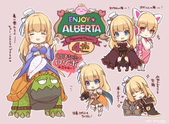 1boy 1girl :3 angeling animal_ear_headphones animal_ears anniversary arch_bishop_(ragnarok_online) black_capelet black_shoes blonde_hair blue_cape blue_dress blush bow breasts brown_dress camera cape capelet cat_ear_headphones cat_ears chibi chibi_only closed_eyes commentary_request cross dress fake_animal_ears fishnet_thighhighs fishnets full_body grey_background hat hat_bow hat_ornament headphones holding holding_camera juliet_sleeves large_breasts long_hair long_sleeves looking_at_viewer multiple_views open_mouth paladin_(ragnarok_online) pillbox_hat pink_shorts pink_vest puffy_sleeves ragnarok_masters ragnarok_online sakuraji_tomoka sash shirt shoes short_hair shorts simple_background smile star_(symbol) star_hat_ornament thighhighs translation_request turtle two-tone_dress vest white_bow white_dress white_hat white_shirt white_thighhighs yellow_sash