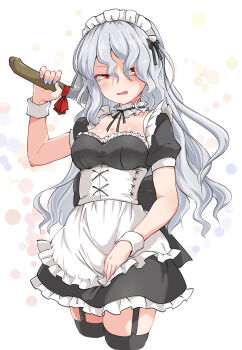 1girl alternate_costume annoyed apron back_bow black_bow black_dress black_thighhighs blue_nails blush bow breasts cleaver commentary corset cropped_legs detached_collar dress enmaided fingernails frilled_dress frills grey_hair half-closed_eyes hand_up highres holding holding_knife huyusilver knife long_hair looking_at_viewer maid maid_headdress medium_breasts nose open_mouth puffy_short_sleeves puffy_sleeves red_bow red_eyes sakata_nemuno sharp_fingernails short_sleeves solo teeth thigh_strap thighhighs touhou upper_teeth_only v-shaped_eyebrows wavy_hair white_apron white_corset wrist_cuffs zettai_ryouiki