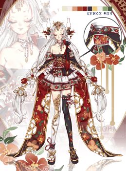 1girl adoptable animated animated_gif artist_name asymmetrical_legwear black_kimono black_sandals black_sleeves black_thighhighs border braid breasts cleavage closed_eyes closed_mouth clothing_cutout collarbone color_guide commentary english_commentary eyelashes eyeshadow floral_print flower frown full_body geta gloves grey_eyeshadow grey_lips hair_flower hair_ornament highres japanese_clothes kimono lantern large_breasts leg_cutout lipstick long_hair long_sleeves looking_at_viewer low_twin_braids makeup miniskirt mismatched_legwear multiple_braids obi okobo opening_eyes original platform_sandals pleated_skirt projected_inset red_border red_eyes red_flower red_ribbon red_sleeves reference_sheet ribbon ribbon_legwear ribbon_trim rurucha sandals sash short_kimono side_braids simple_background skirt smile smoke solo thighhighs twin_braids two-sided_sleeves two-tone_ribbon very_long_hair watermark white_background white_gloves white_hair white_ribbon white_skirt white_thighhighs wide_sleeves